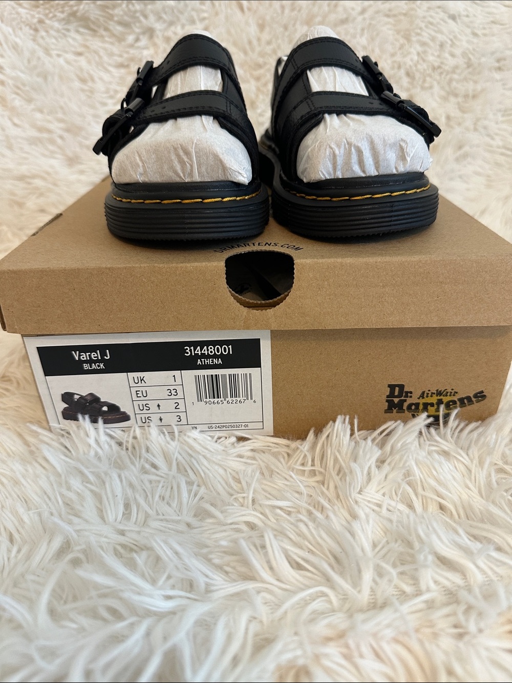 Dr. Martens Kids Varel J Black Double-Strap Sandals with Yellow Stitching US 2